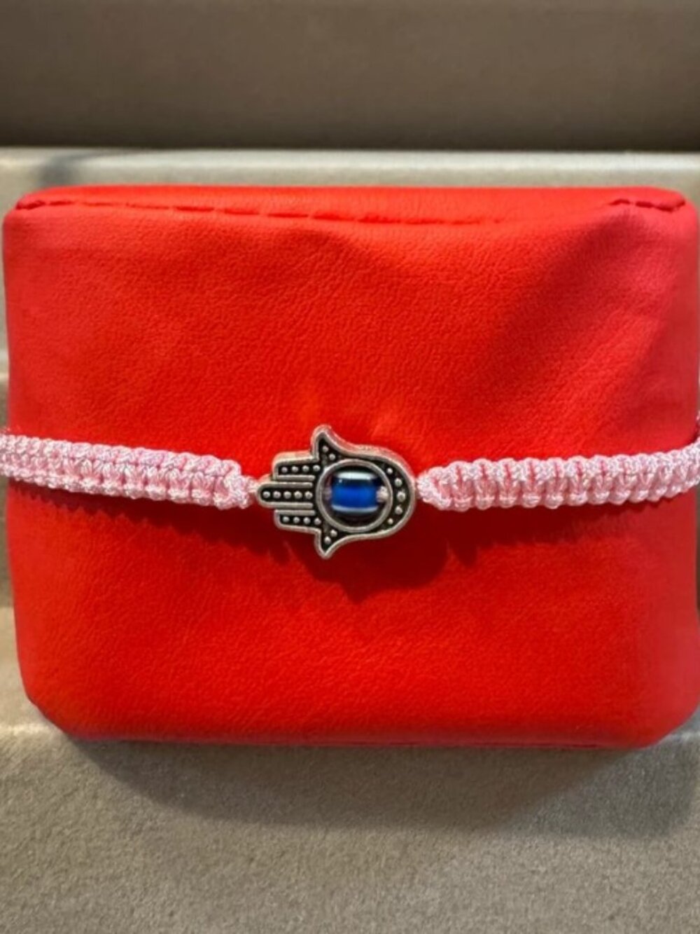 Pink Macrame Woven Silver Tone Hamsa Hand Evil Eye Adjustable Cord Bracelet